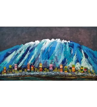 Montaña en azules con ciudad