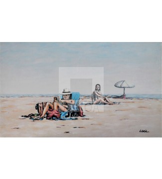 Paisaje de playa con figuras y sombrilla